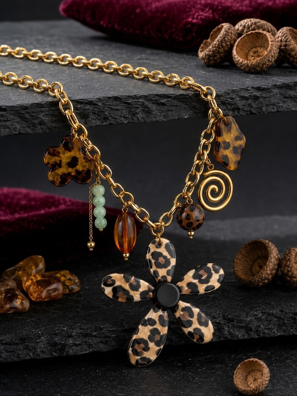 Leopard Print Flower Charm Necklace Mob Wife Maximalist 18K Gold Plated 19"